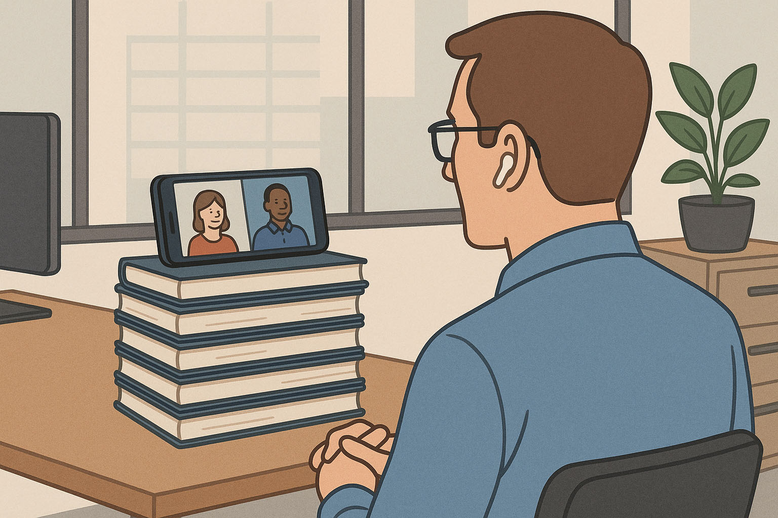 En person sidder ved et skrivebord og deltager i et videomøde på sin telefon liggende ned på siden, placeret oven på en stak bøger. På telefonens skærm ses to personer i et videokald. Personen ved skrivebordet har briller og høretelefoner i og sidder i et kontormiljø.